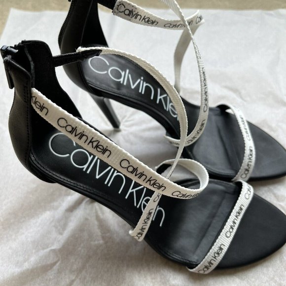 Calvin Klein Women Black High Stiletto Heels Open Toe With White Stripes Size 8 - Picture 9 of 9